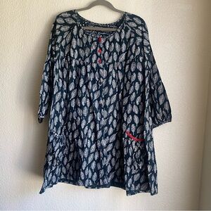 Gudrun Sjöden Navy Blue and White Leaf Print Tunic Top 3/4 Sleeve